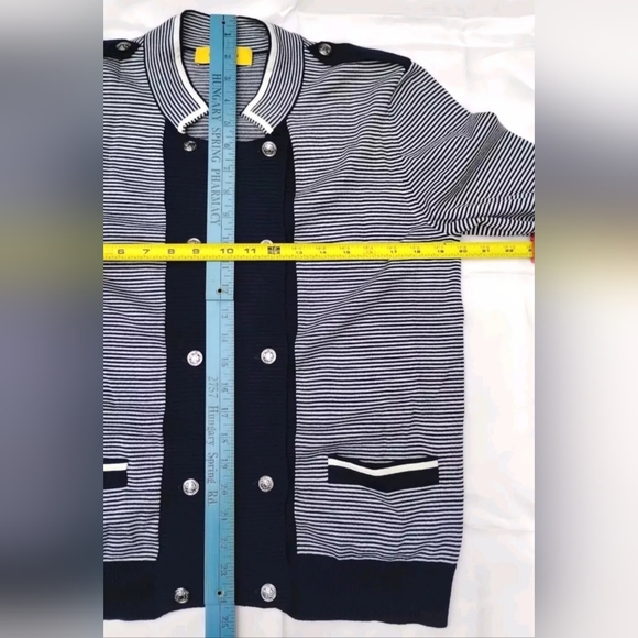 St. John Yellow Label Nautical Jacket Style Striped Sweater Navy Blue White Sz L - Picture 6 of 11